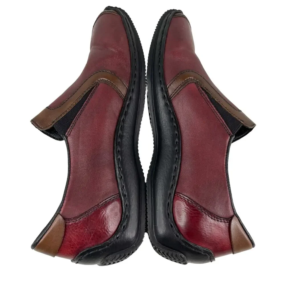 Rieker Red Burgundy Wine Leather Slip On Loafers 38